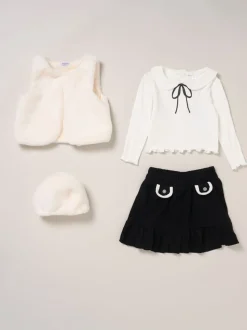 Miss Faux Fur Gilet Beret Rib White Top and Skirt Set