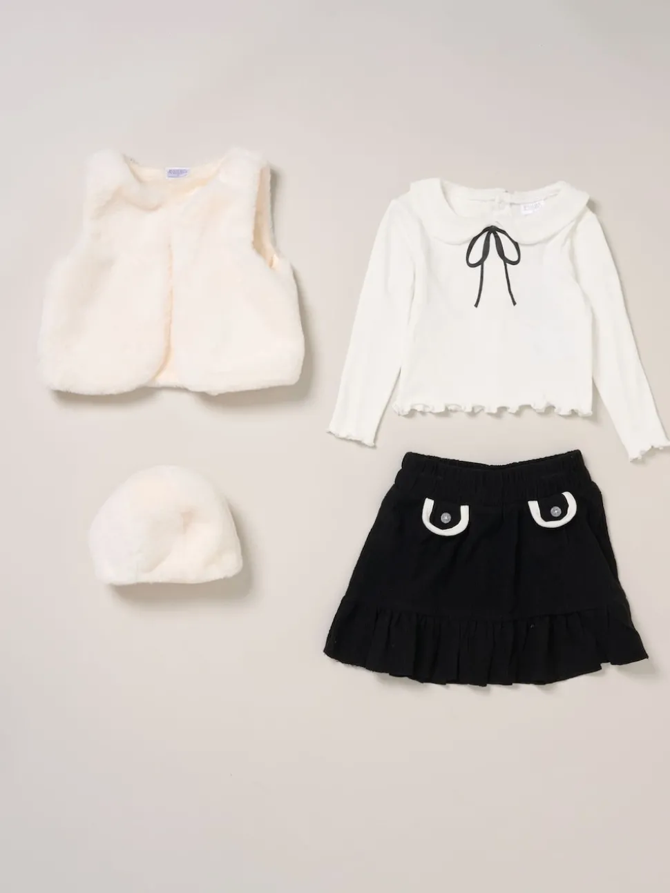 Miss Faux Fur Gilet Beret Rib White Top and Skirt Set