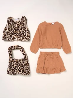 Miss Faux Fur Gilet Muslin Brown Top and Skirt with Bag Set
