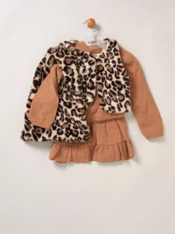 Miss Faux Fur Gilet Muslin Brown Top and Skirt with Bag Set