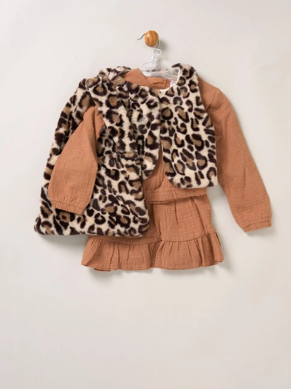 Miss Faux Fur Gilet Muslin Brown Top and Skirt with Bag Set
