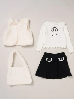 Miss Faux Fur White Gilet Bag Rib Top and Skirt Set