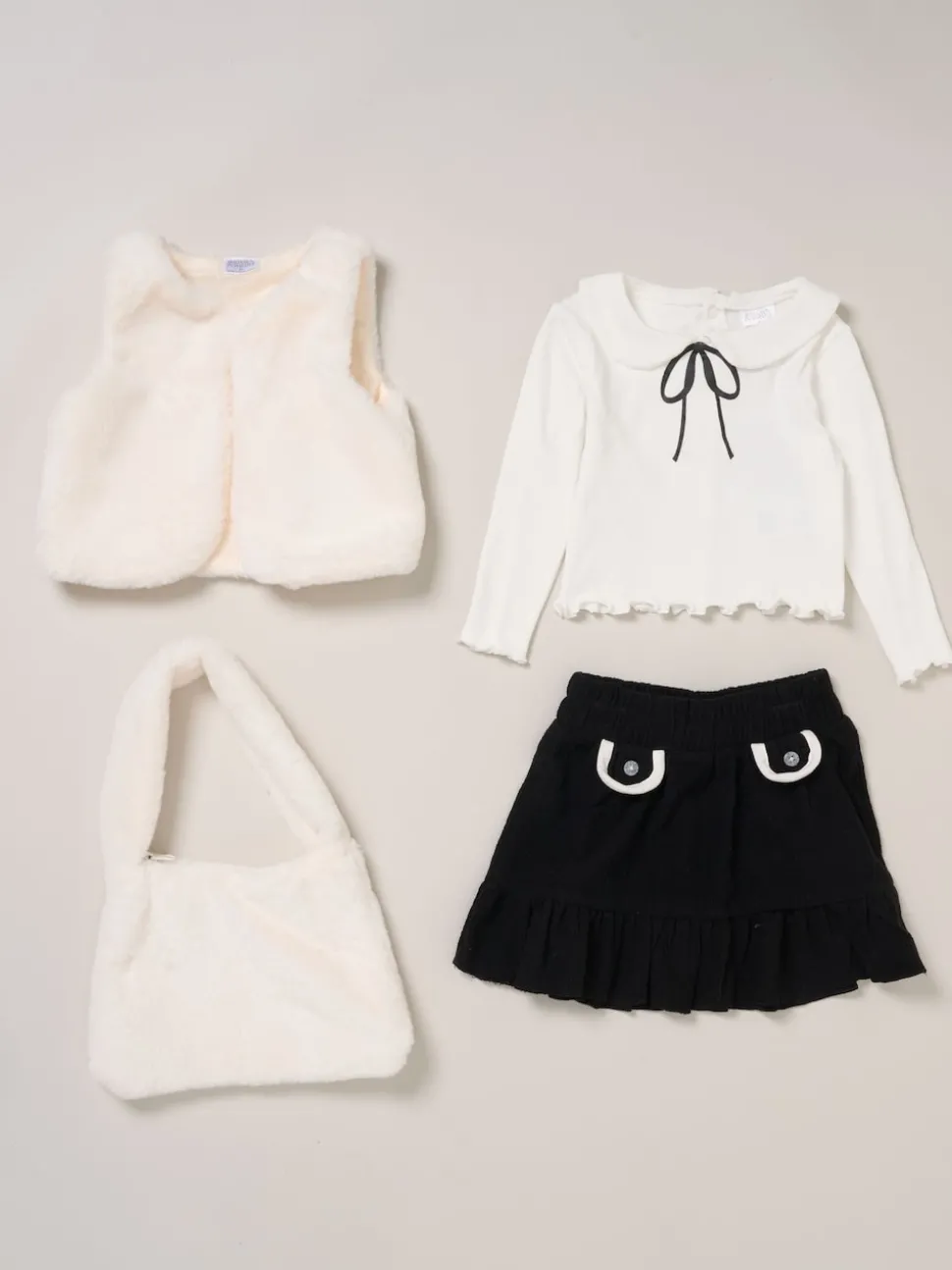 Miss Faux Fur White Gilet Bag Rib Top and Skirt Set