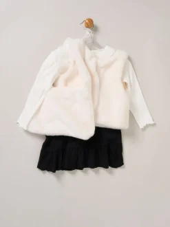 Miss Faux Fur White Gilet Bag Rib Top and Skirt Set