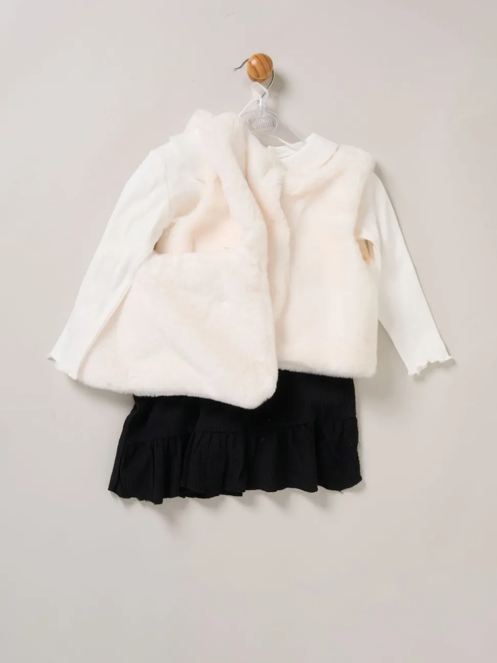 Miss Faux Fur White Gilet Bag Rib Top and Skirt Set