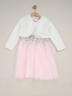 Miss Light Pink Waterfall Sequin Dress and Faux Fur Bolero Set