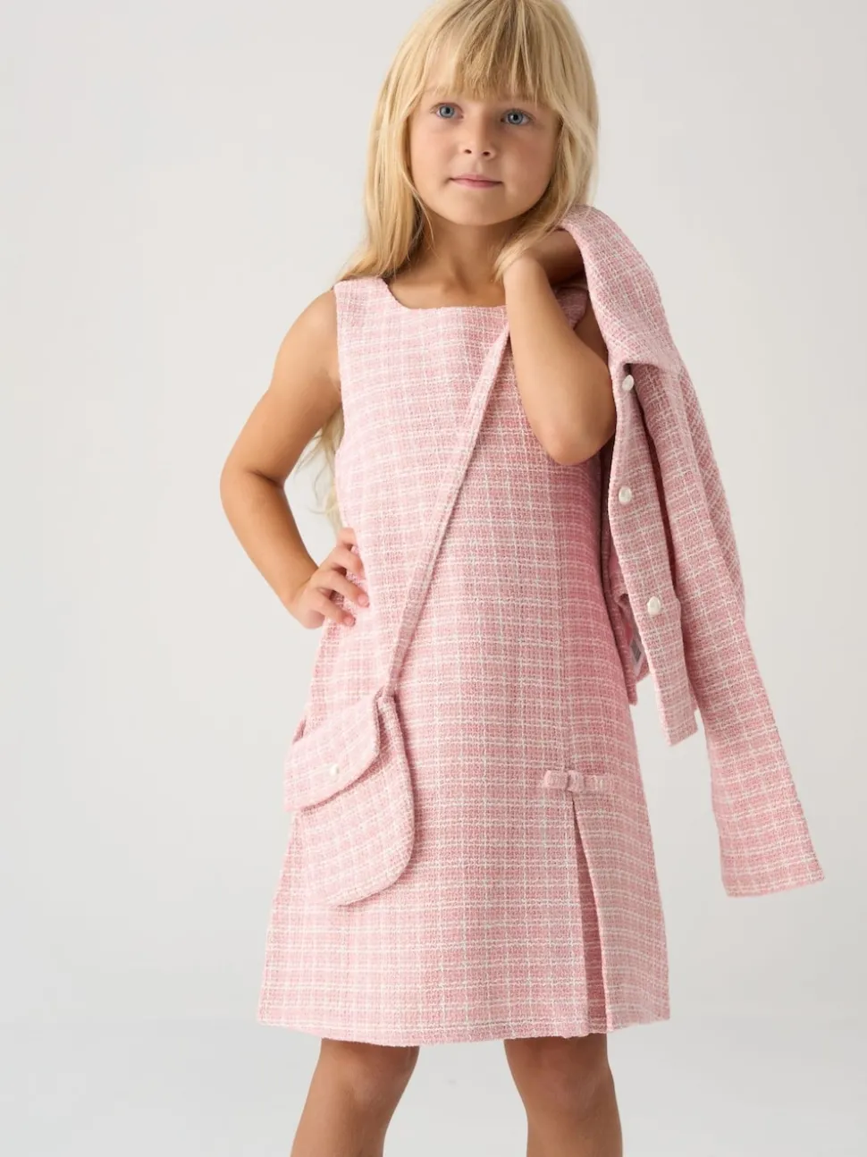 Miss Pink Tweed Check Jacket, Dress and Bag Set