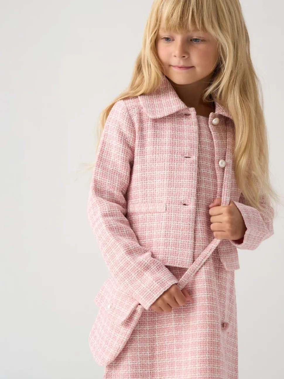 Miss Pink Tweed Check Jacket, Dress and Bag Set