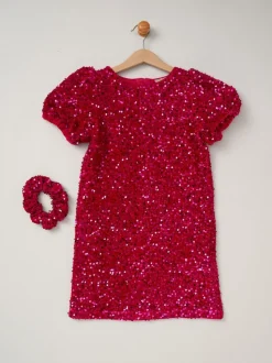 Miss Red Sequin Shift Dress and Matching Scrunchie Outfit Set