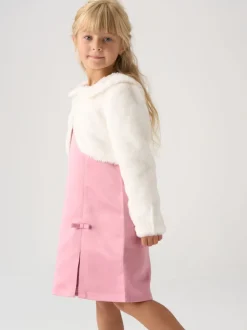 Miss Satin Shift Dress Faux Fur Cardigan and Bow Clip Set