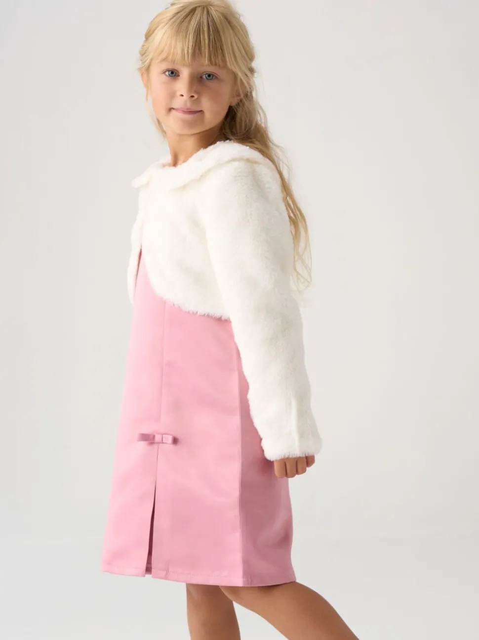 Miss Satin Shift Dress Faux Fur Cardigan and Bow Clip Set