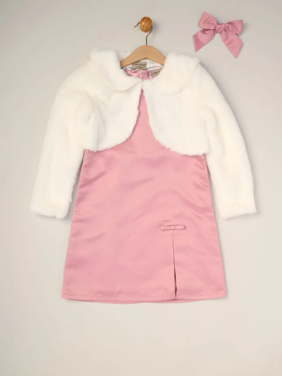 Miss Satin Shift Dress Faux Fur Cardigan and Bow Clip Set