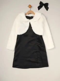 Miss Satin Shift Dress Faux Fur Cardigan and Bow Clip Set