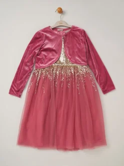Miss Sequin Waterfall Dress With Faux Fur Bolero Outfit Set