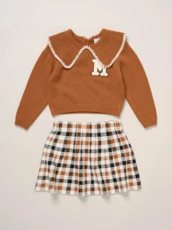Miss True Knit Brown Jumper with Woven Collar and Check Skirt Set