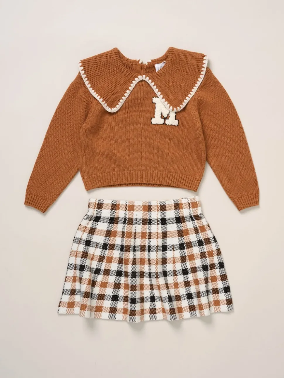 Miss True Knit Brown Jumper with Woven Collar and Check Skirt Set