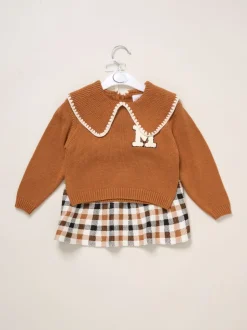 Miss True Knit Brown Jumper with Woven Collar and Check Skirt Set