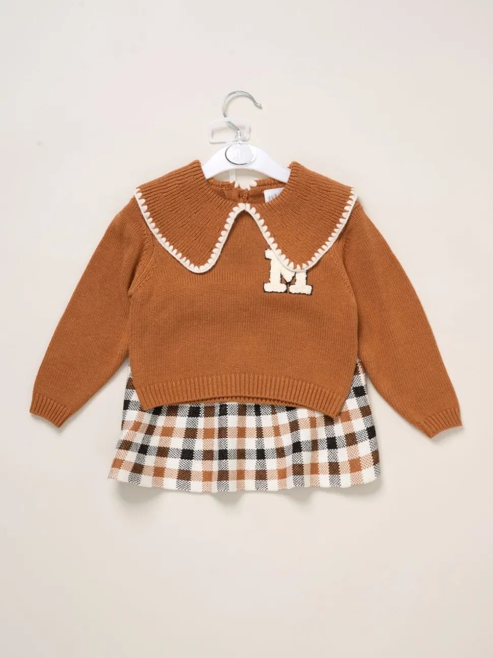 Miss True Knit Brown Jumper with Woven Collar and Check Skirt Set