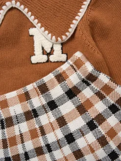 Miss True Knit Brown Jumper with Woven Collar and Check Skirt Set