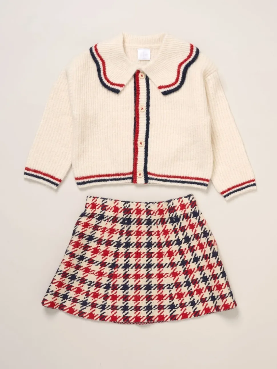 Miss True Knit White Cardigan with Check Skirt