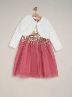 Miss Waterfall Sequin Dress and Faux Fur Bolero Set