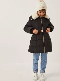 Monsoon Black Fluffy Collar Belted Puffer Coat