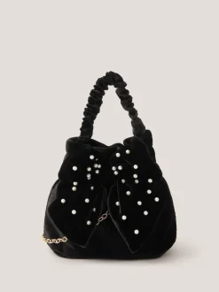 Monsoon Black Pearl Bow Velvet Bag
