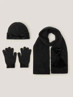 Monsoon Black Sparkle Bow Hat Scarf & Gloves Set