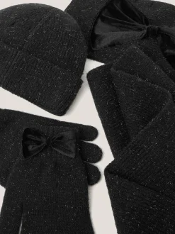 Monsoon Black Sparkle Bow Hat Scarf & Gloves Set