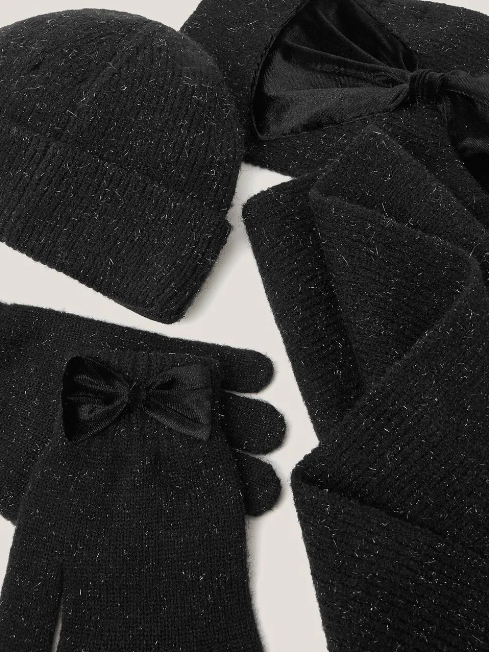 Monsoon Black Sparkle Bow Hat Scarf & Gloves Set