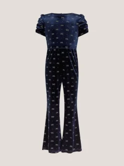 Monsoon Blue Bow Embellished Velvet Flare Jumpsuit