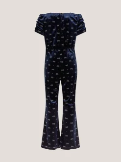 Monsoon Blue Bow Embellished Velvet Flare Jumpsuit