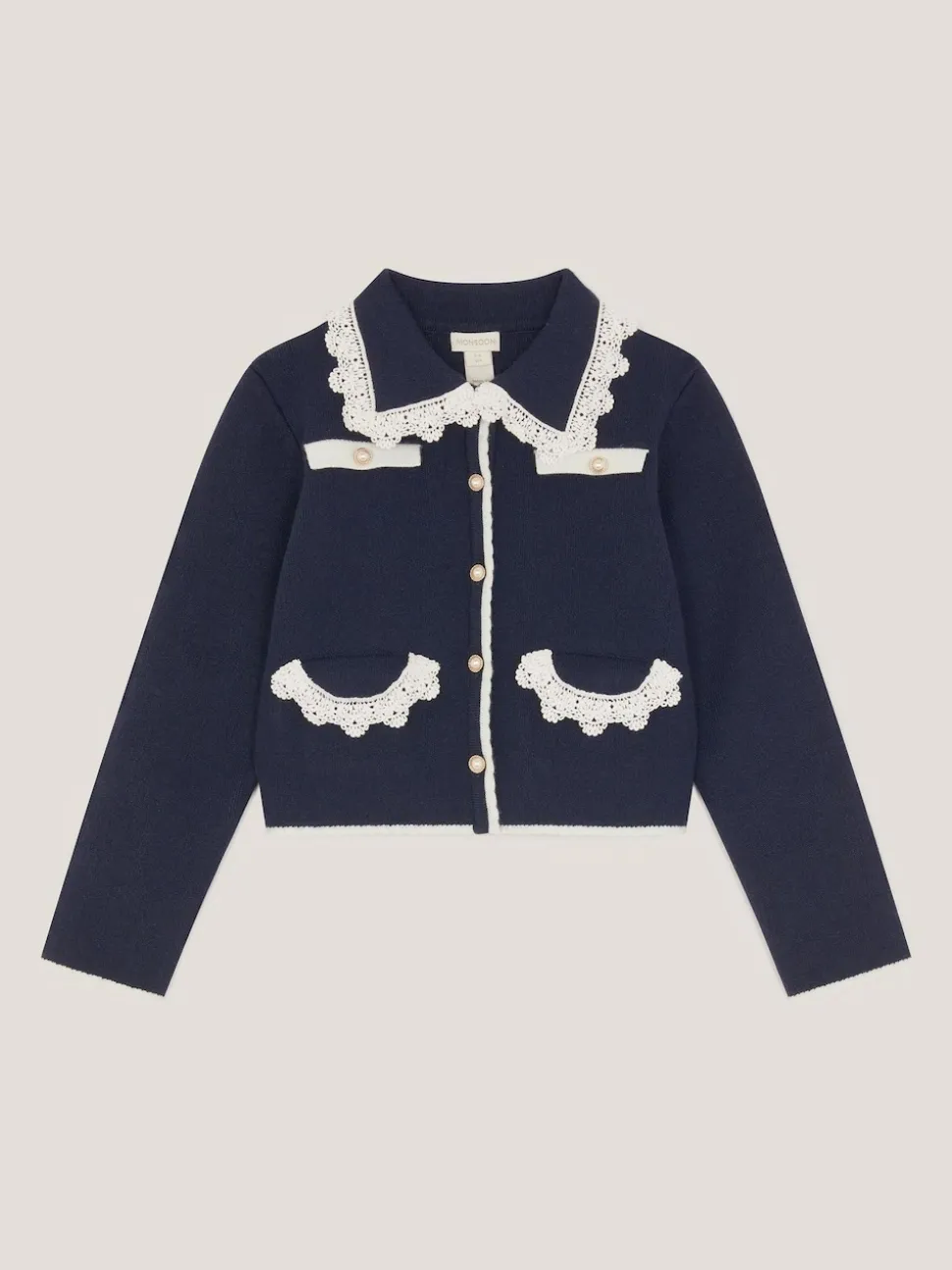 Monsoon Blue Crochet Collar Cardigan