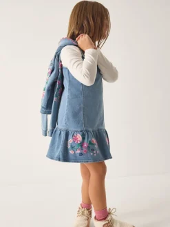 Monsoon Blue Embroidered Frill Denim Dress