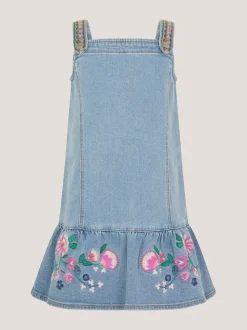 Monsoon Blue Embroidered Frill Denim Dress