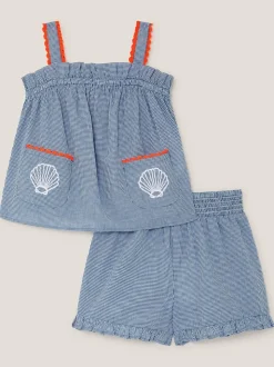 Monsoon Blue Embroidered Gingham Top & Shorts Set