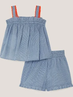Monsoon Blue Embroidered Gingham Top & Shorts Set