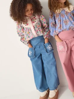 Monsoon Blue Embroidered Pocket Chambray Trousers
