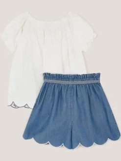 Monsoon Blue Embroidered Top and Scallop Shorts Set