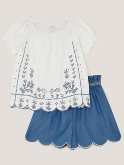 Monsoon Blue Embroidered Top and Scallop Shorts Set