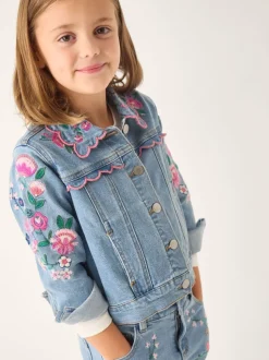 Monsoon Blue Floral Embroidered Frill Denim Jacket