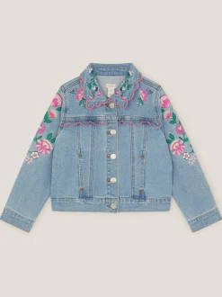 Monsoon Blue Floral Embroidered Frill Denim Jacket