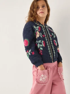 Monsoon Blue Floral Embroidered Quilted Bomber Jacket
