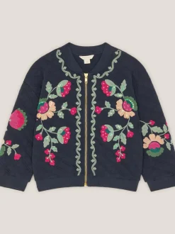 Monsoon Blue Floral Embroidered Quilted Bomber Jacket