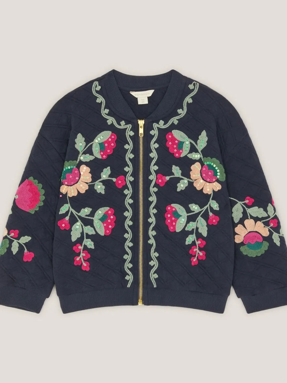 Monsoon Blue Floral Embroidered Quilted Bomber Jacket