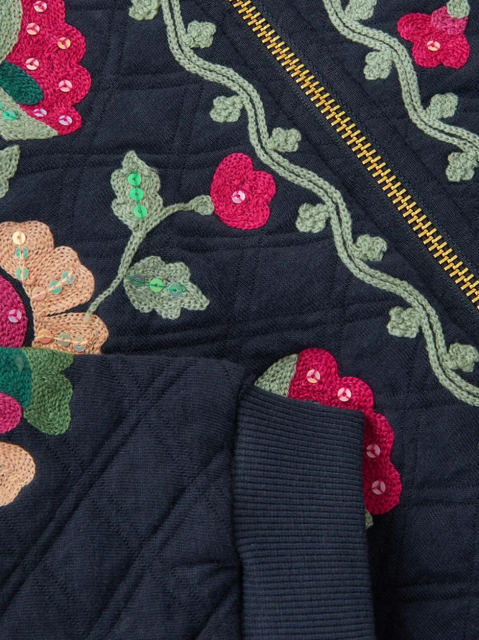 Monsoon Blue Floral Embroidered Quilted Bomber Jacket