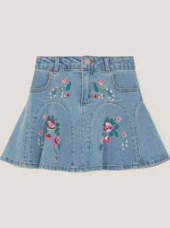 Monsoon Blue Floral Embroidered Denim Mini Skirt