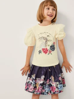 Monsoon Blue Floral Horse Print Satin Skirt