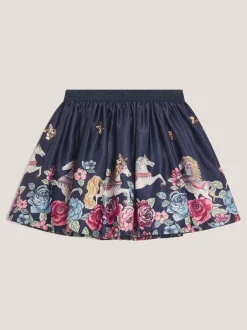 Monsoon Blue Floral Horse Print Satin Skirt