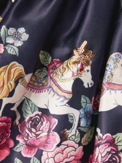 Monsoon Blue Floral Horse Print Satin Skirt